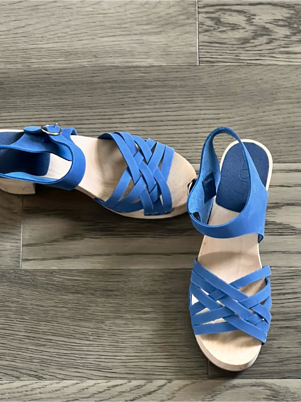 Loft Leather Blue Strappy Wooden Platform Clog Sandal Sz. 8 NWOT
